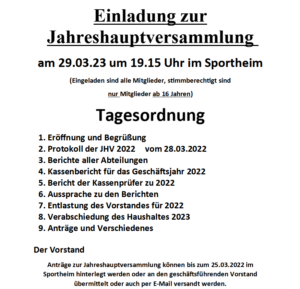 Mehr über den Artikel erfahren Einladung zur Jahreshauptversammlung 2023